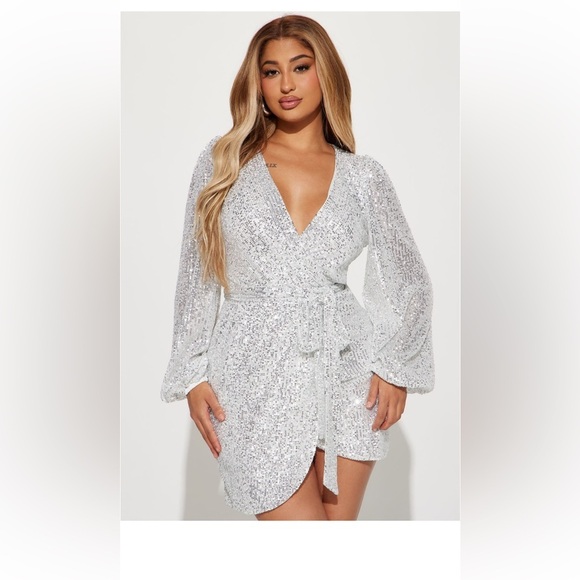 Fashion Nova Dresses & Skirts - NWT Fashion Nova Liliana sequin mini dress silver surplice tie waist wrap dress